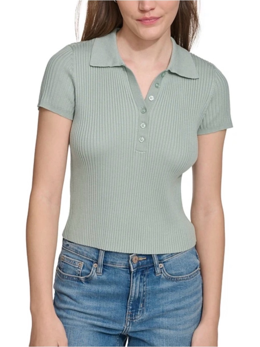 Calvin Klein Jeans Ribbed Knit Polo Top Green Fitted Short Sleeve